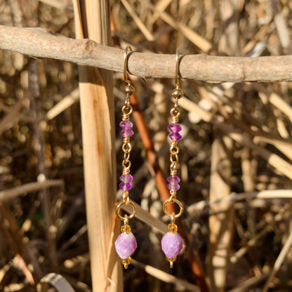 Purple HazeMaterial info: Gemstone dangle earrings Gemstone beads: Amethyst Tiny Faceted Saucer 3x4mm, Lepidolite Faceted Rice 8x6.5-7mm Wire: Tarnish resistant. 22-gauge gold copper Jump rings: 18k gold plated Lepidolite properties: "peace stone" or "gra