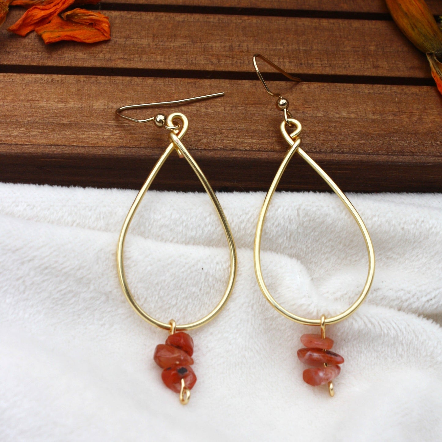 Autumn Glow Gold Hoop Earrings with Orange Agate Beads