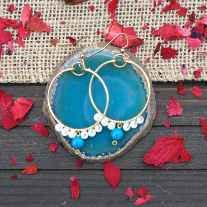 Blue Skies Hoop Earrings with Wire-Wrapped White Seed Beads and Blue Accent