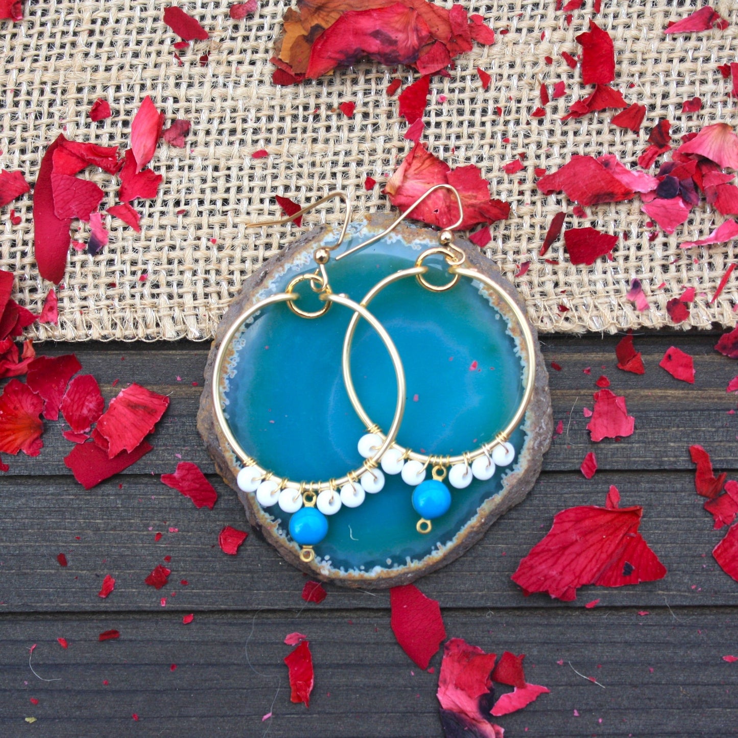 Blue Skies Hoop Earrings with Wire-Wrapped White Seed Beads and Blue Accent