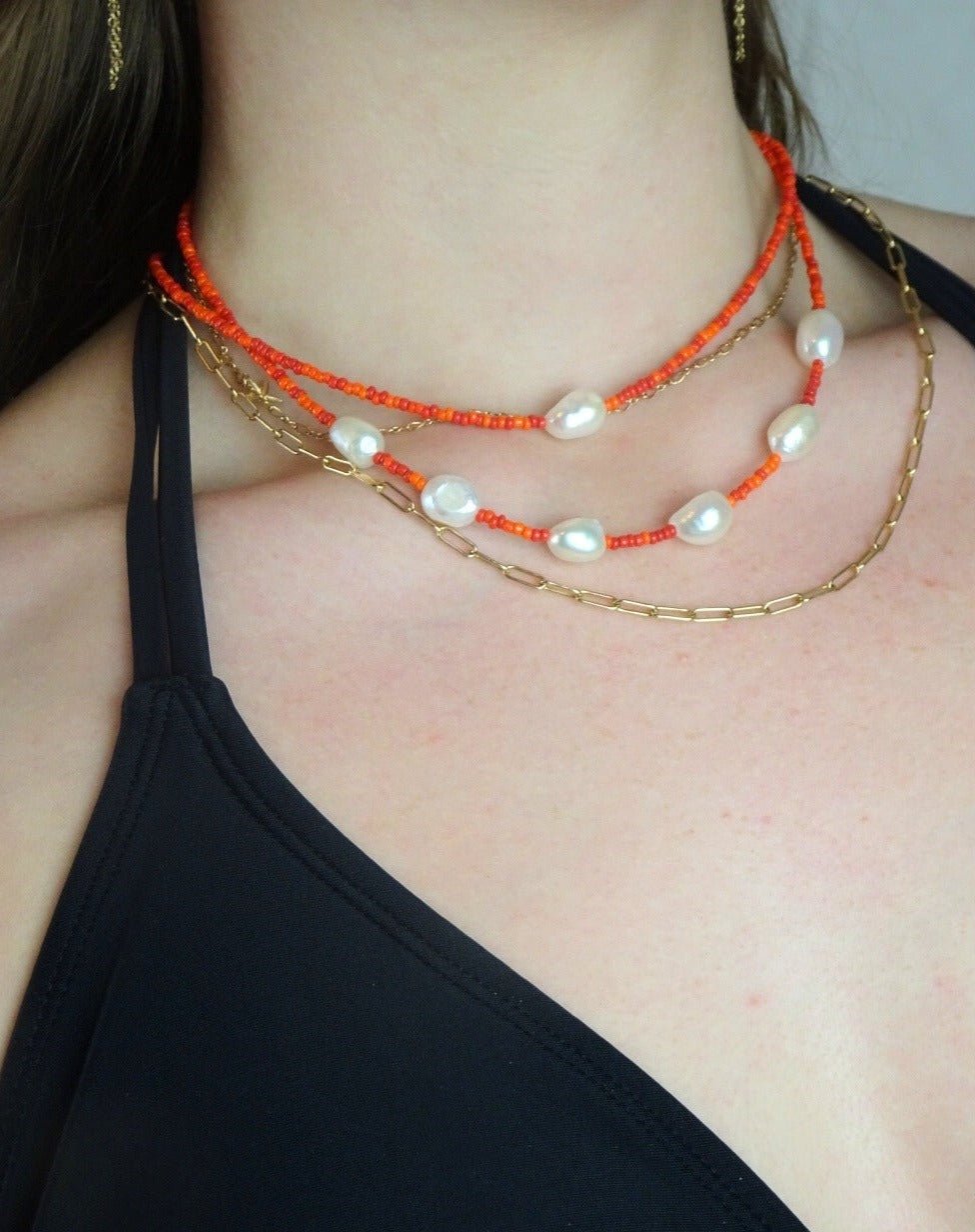 Orange Beaded Necklace with 1 Pearl