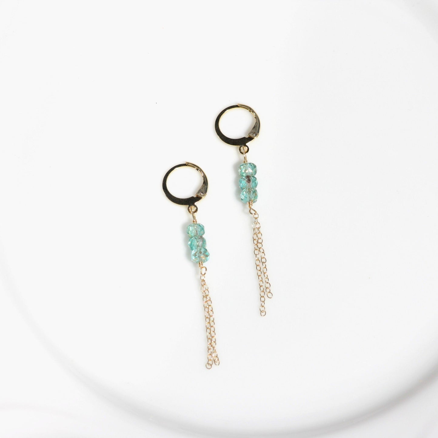 Blue huggie earrings with gold filled dainty chain.