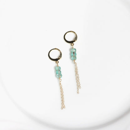 Blue huggie earrings with gold filled dainty chain.